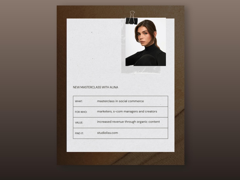 Editable Instagram post template featuring a minimalist masterclass announcement layout with a portrait photo, structured information table and luxury editorial design in brown and neutral tones.