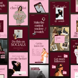 Pink Burgundy Instagram Templates Canva, Aesthetic Social Media Kit for SMM, Coaches & Small Business, Posts, Stories and Carousel Designs