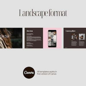May include: A digital presentation layout with the text "Landscape format" in a serif font. The presentation includes a photo of a person, a smartphone, and text blocks. The Canva logo is at the bottom with the text "All templates works in free version of Canva."