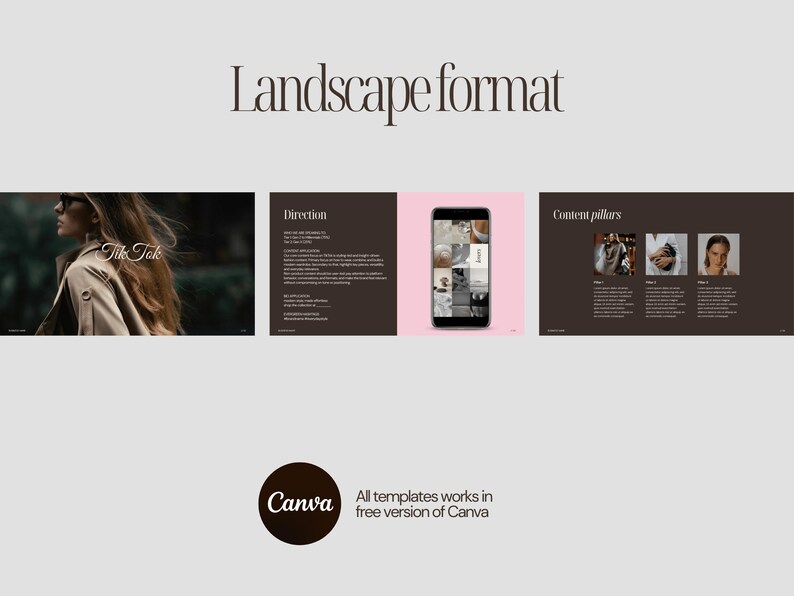 May include: A digital presentation layout with the text "Landscape format" in a serif font. The presentation includes a photo of a person, a smartphone, and text blocks. The Canva logo is at the bottom with the text "All templates works in free version of Canva."