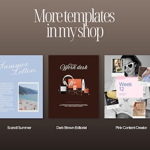 Preview of additional Canva template collections available in the shop, including Scandi Summer, Dark Brown Editorial and Pink Content Creator Instagram templates with distinct visual styles.