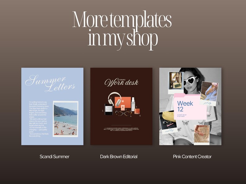 Preview of additional Canva template collections available in the shop, including Scandi Summer, Dark Brown Editorial and Pink Content Creator Instagram templates with distinct visual styles.