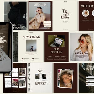 A grid preview of elegant beige and brown Instagram templates for a creative business, featuring minimalist serif typography, portfolio and “About me” pages, client testimonials, services, team introduction layouts, and moody lifestyle photos with a modern editorial aesthetic.