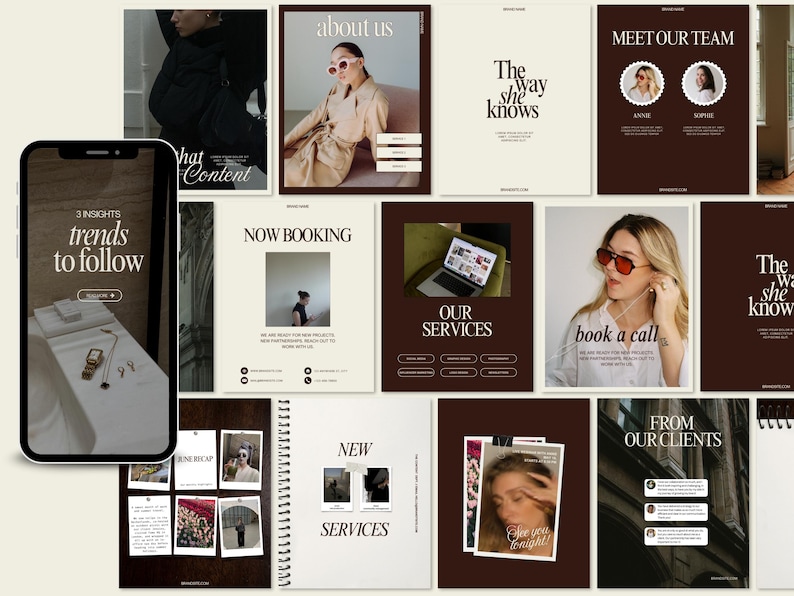 A grid preview of elegant beige and brown Instagram templates for a creative business, featuring minimalist serif typography, portfolio and “About me” pages, client testimonials, services, team introduction layouts, and moody lifestyle photos with a modern editorial aesthetic.