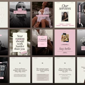 Second overview grid of 15 aesthetic Instagram templates featuring designs for "Your lucky day" promotions, brand identity, educational hooks, testimonials, numbered trust-building carousels, and pink editorial quote posts.
