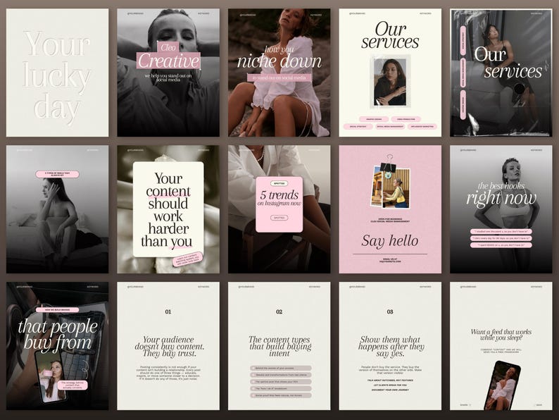 Second overview grid of 15 aesthetic Instagram templates featuring designs for "Your lucky day" promotions, brand identity, educational hooks, testimonials, numbered trust-building carousels, and pink editorial quote posts.