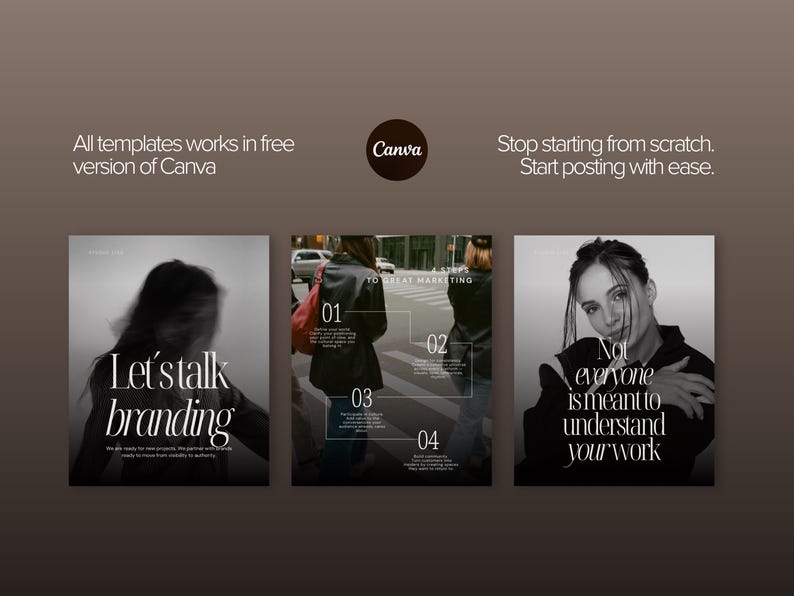 Instagram Canva templates displayed alongside the Canva logo, showing that all templates work with the free version of Canva and can be customized for any personal brand or business.