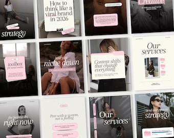 May include: A collection of twelve digital social media templates featuring a mix of photography and graphic design elements. The layouts include text overlays with phrases like How to think like a viral brand in 2026, Our services, and Toolbox for social media.