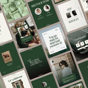 Könnte beinhalten: Eine Sammlung grüner und weißer Social-Media-Grafiken. Die Grafiken enthalten Texte wie "The way she knows", "Meet our team", "New services" und "Coming soon". Das Gesamtthema ist modern und minimalistisch.