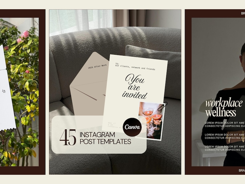 K&ouml;nnte beinhalten: Das Bild zeigt drei gerahmte Abschnitte. Der mittlere Abschnitt zeigt eine Einladungskarte mit dem Text "You are invited" und "45 Instagram Post Templates". Der rechte Abschnitt hat den Text "workplace wellness".