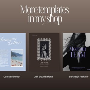"More templates in my shop" slide showing three other Canva template collections available in the shop: Coastal Summer (soft blue aesthetic), Dark Brown Editorial (ornate vintage-inspired frames), and Dark Neon Marketer (bold monochrome editorial style).