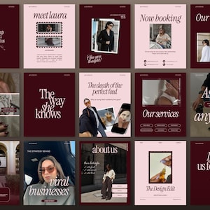 May include: A collection of fifteen social media post templates featuring a dark burgundy and light pink colour palette. The designs include various layouts with serif typography, photo frames, and text blocks for business branding and content.