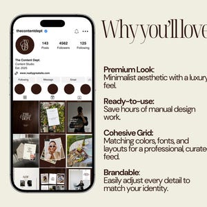 K&ouml;nnte beinhalten: Ein Smartphone-Bildschirm zeigt ein Instagram-Profil namens "thecontentdept" mit Logo und Beitr&auml;gen. Auf der rechten Seite steht "Warum Sie es lieben werden" mit Beschreibungen der Produktmerkmale, einschlie&szlig;lich minimalistischer &Auml;sthetik.