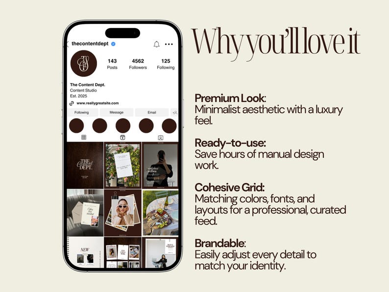 K&ouml;nnte beinhalten: Ein Smartphone-Bildschirm zeigt ein Instagram-Profil namens "thecontentdept" mit Logo und Beitr&auml;gen. Auf der rechten Seite steht "Warum Sie es lieben werden" mit Beschreibungen der Produktmerkmale, einschlie&szlig;lich minimalistischer &Auml;sthetik.