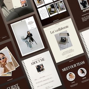 May include: A selection of marketing documents, such as brochures and notebooks, in a brown and cream colour scheme. The image features photographs and text, including "Digital Workshop", "Let's Collaborate", and "Meet Our Team".
