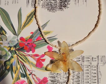 Puede incluir: Un collar que presenta una hilera de pequeñas cuentas de color crema acentuadas con diminutos espaciadores dorados. Un gran colgante de flor translúcida de color ámbar con seis pétalos se sitúa como punto focal, unido a la hilera de cuentas.