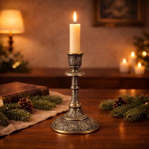 Peut inclure: Une bougie ivoire allumée dans un bougeoir en laiton antique orné. Le bougeoir présente des motifs floraux détaillés et une base large. L'éclairage chaleureux suggère une ambiance vintage et chaleureuse, avec un arrière-plan flou de bougies et de décorations.