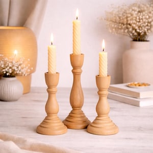 Natural Wood Taper Candle Holder, Unfinished Wooden Candlestick, Boho Rustic Home Decor, Wedding Table Centerpiece, Minimalist Scandi Gift