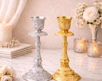 Portavelas cónico ornamentado en oro y plata, candelabro vintage de un solo brazo, elegante decoración de mesa europea, regalo para chimenea de boda o decoración del hogar