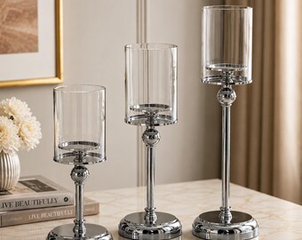 Portavelas de cristal plateado estilo huracán, elegante candelabro de metal para bodas, Navidad, bares y decoración nórdica del hogar.