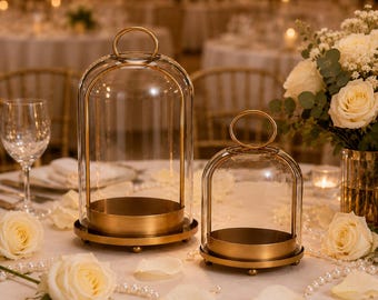 Gold Glass Dome Candle Holder – Handmade Metal Hurricane Lantern for Wedding Table, Romantic Dinner & Luxury Home Decor
