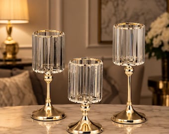 Guldkristall pelarljusstakar Set med 3 Elegant glasljusstake för bröllopsbordsdekoration, matbord och heminredning