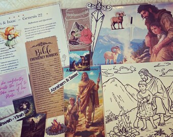 May include: A collection of religious educational materials featuring illustrations of Abraham and Isaac, including a Bible emergency numbers card, a black and white coloring page, stickers of a ram and a sword, and printed scripture passages.