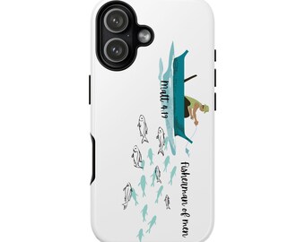 May include: White phone case featuring a blue boat with a fisherman and a school of fish. The text "Matt 4:19" and "Fisherman of men" are printed vertically on the case. The design is a whimsical illustration.