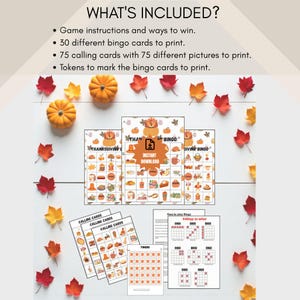 May include: Thanksgiving-themed bingo game set with game instructions, 30 bingo cards, 75 calling cards, and tokens. The image includes pumpkins, fall leaves, and the text "Instant Download". Perfect for a festive family game night.