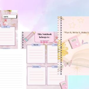 Puede incluir: Una colección de cuadernos con espiral con diseños florales y pastel. Los cuadernos presentan diseños de planificadores diarios y semanales, con las palabras "Practical notebook FOR ALL" en la parte superior.