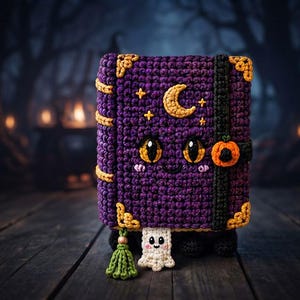 May include: A purple crocheted book cover featuring a yellow crescent moon and stars, gold corner accents, and a black strap with an orange pumpkin button. A small white ghost charm and a green tassel hang from the bottom edge of the book.