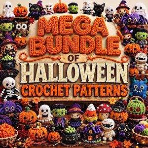May include: A collection of various Halloween-themed crochet figures including pumpkins, ghosts, skeletons, witches, and monsters surrounding the text MEGA BUNDLE OF HALLOWEEN CROCHET PATTERNS in orange and white lettering on a light background.