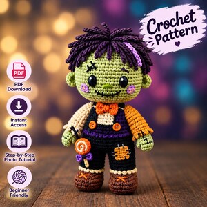 May include: A crochet pattern for a Frankenstein-inspired doll with green skin, dark purple hair, and black overalls. The doll features an orange bow tie, a lollipop accessory, and stitched details. Text includes Crochet Pattern, PDF Download, Instant Access, Step-by-Step Photo Tutorial, and Beginner Friendly.