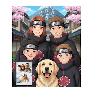 May include: Digital illustration of a family with a golden retriever dog, in the style of an anime. The family is wearing black cloaks with red cloud designs. A smaller photo of the family with the dog is in the lower left corner.