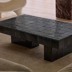 Mesa de centro hecha a mano con azulejos Zellige negros – Muebles de sala de estar con mosaico marroquí – Mesa rectangular grande de mosaico negro