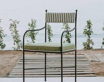 Handmade Moroccan Striped Outdoor Pair Chairs, Green & White Zellige Style Bistro Chair, Blackened Steel Garden Seating, French Cafe Chair