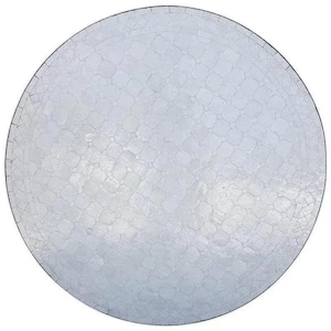 May include: A round, light-colored table top with a textured, mosaic-like pattern. The surface has a subtle, iridescent sheen, and a dark border. The design is reminiscent of a mosaic or a collection of small, irregular shapes.