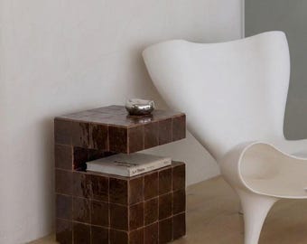 Handmade Zellige Tile Coffee Table - Minimalist Cube Side Table with Storage - Authentic Moroccan Zellige Furniture