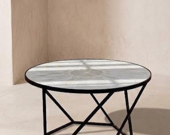 Handcrafted Moroccan Zellige Coffee Table Round Black Mosaic Tile Side Table Geometric Art Furniture Custom Wrought Iron Base