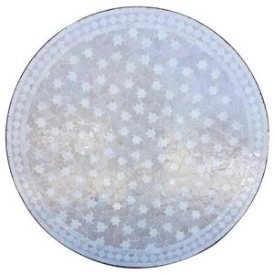 May include: A round, white mosaic table top with a floral and star pattern. The table top has a decorative border with a diamond pattern. The mosaic is made of small, reflective pieces.