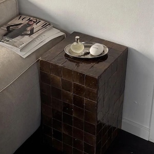 Handmade Moroccan Zellige Tiled Side Table | Glazed Cube Table | Artisanal Ceramic End Table in Custom Colors