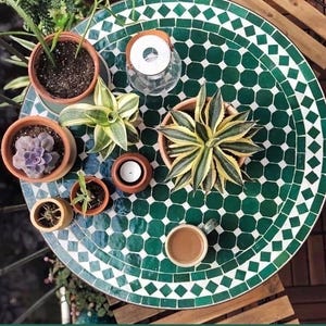 May include: Overhead view of a round mosaic table with various potted plants, a candle, and a cup of coffee. The table has a green and white geometric pattern. The plants include succulents and other greenery in terracotta pots.