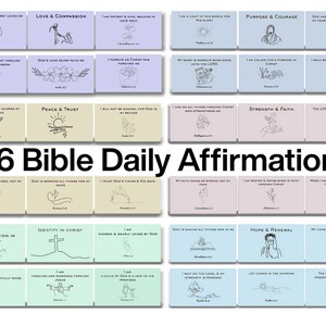 May include: A collection of 36 Bible Daily Affirmations cards. Each card features a unique affirmation with accompanying line art. The cards are in various pastel colors, with black text and illustrations. The text "36 Bible Daily Affirmations" is prominently displayed.