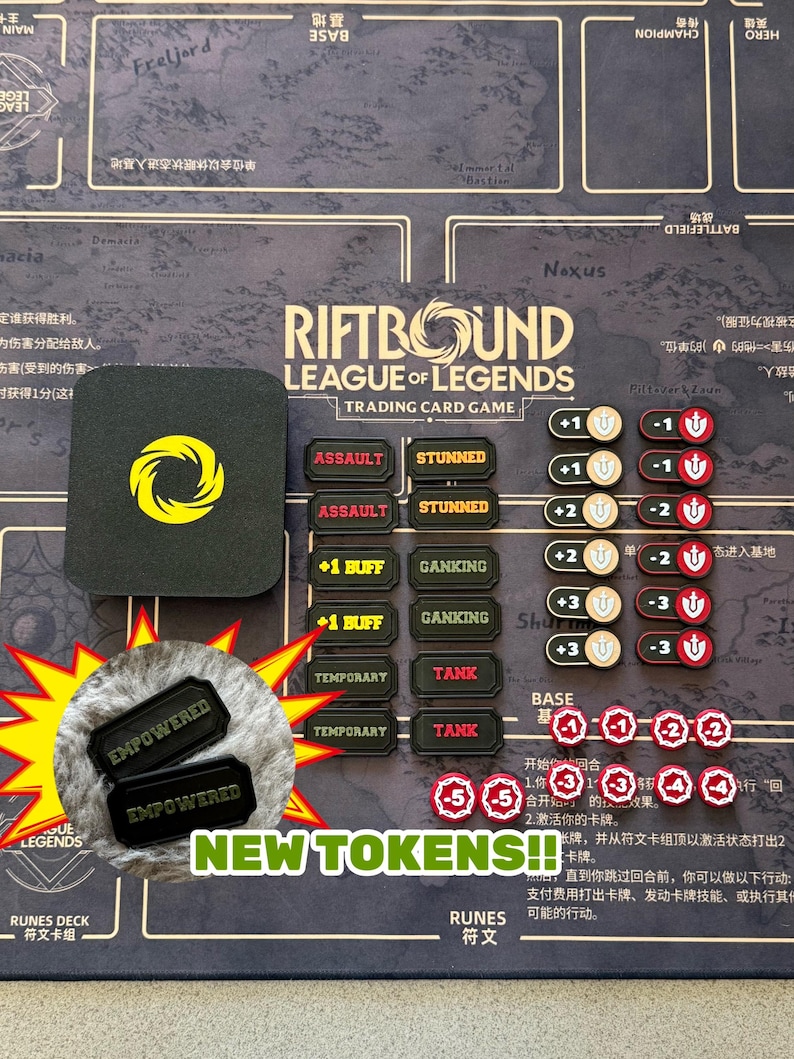 Riftbound: Fichas TCG / Todas las palabras clave e indicadores de poder / Marcadores de juego impresos en 3D / Accesorios para el juego de cartas coleccionables League of Legends. All Token Set + Box!