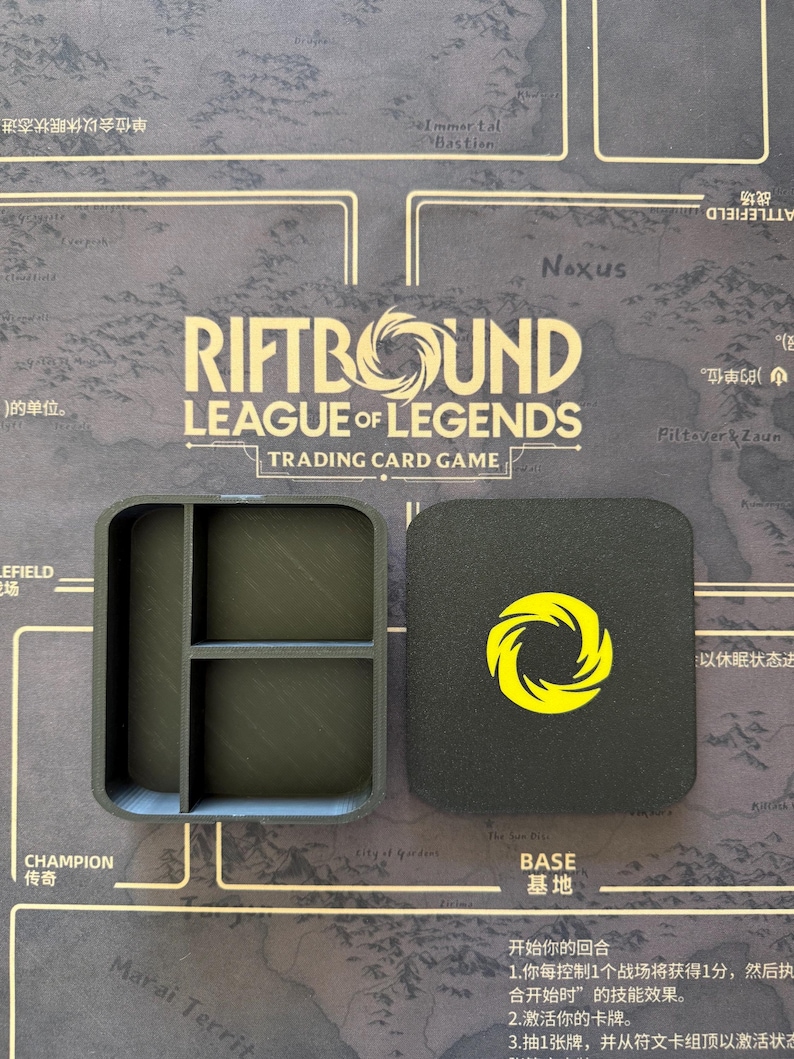 Riftbound: Fichas TCG / Todas las palabras clave e indicadores de poder / Marcadores de juego impresos en 3D / Accesorios para el juego de cartas coleccionables League of Legends. Token Storage Box