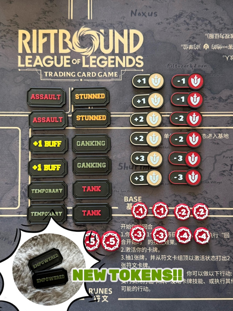Riftbound: Fichas TCG / Todas las palabras clave e indicadores de poder / Marcadores de juego impresos en 3D / Accesorios para el juego de cartas coleccionables League of Legends. All Token Set!