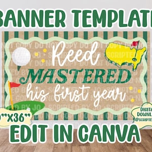 Könnte beinhalten: Eine rechteckige Bannervorlage mit Golf-Motiv auf braun-grün gestreiftem Hintergrund. Der Text lautet Reed MASTERED his first year. Die Grafiken zeigen einen Golfball, ein Green, eine Fahne und eine gelbe Karte der Vereinigten Staaten.