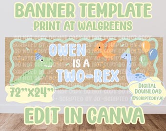 Modèle de bannière d'anniversaire Dinosaur TRex TWO-REX - Modèle canva modifiable - Impression chez Walgreens (téléchargement numérique)