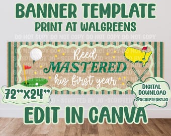 Modèle de bannière d'anniversaire des maîtres de golf, maquette modifiable sur toile, 72 x 61 cm, impression chez Walgreens (téléchargement numérique)