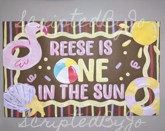 Bannière d'anniversaire de L'UN SEUL près du soleil, thème d'anniversaire d'été, enseigne de fête peinte à la main personnalisée